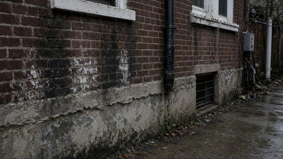 Dark damp staining on a brick wall below a window, a downspout and a barred basement vent